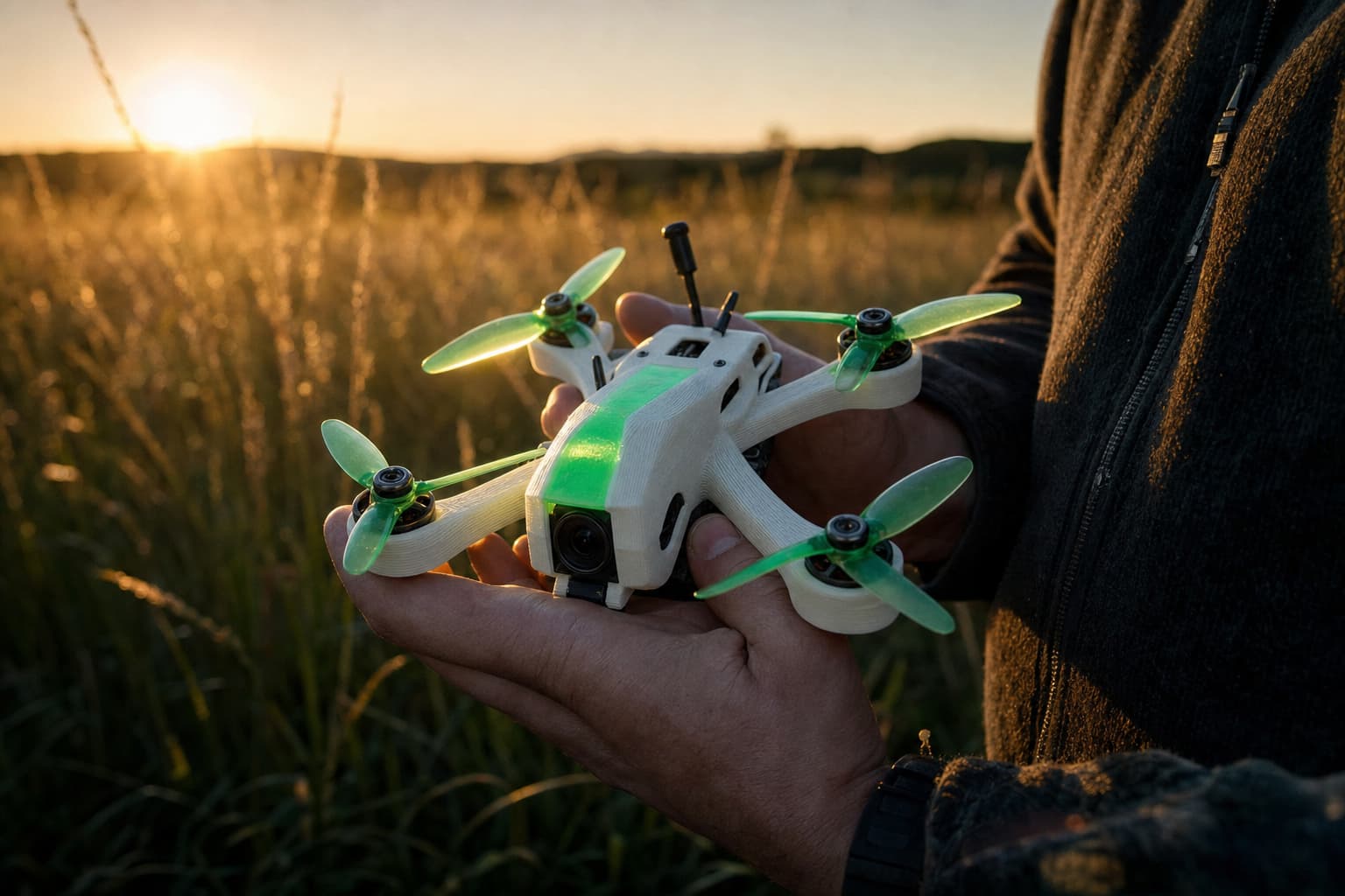 Pilot kneeling in tall grass at dawn holding a 3D-printed sub-250 g quad