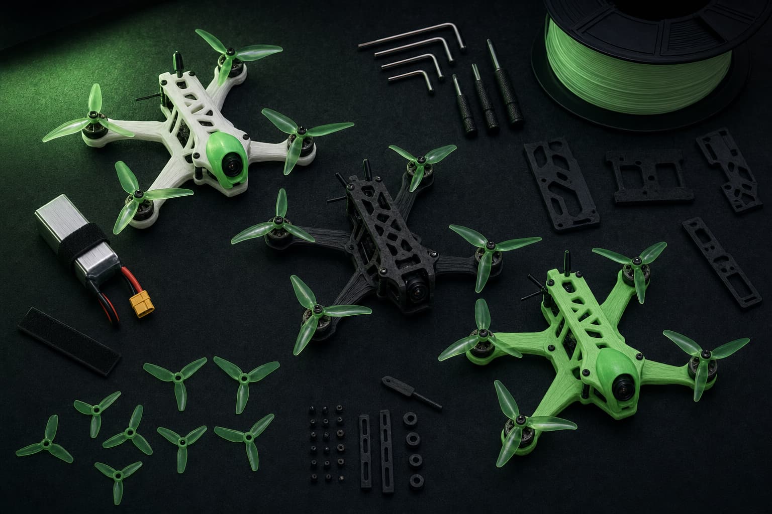 Flat-lay of every component of a sub-250 g quad arranged on a bench
