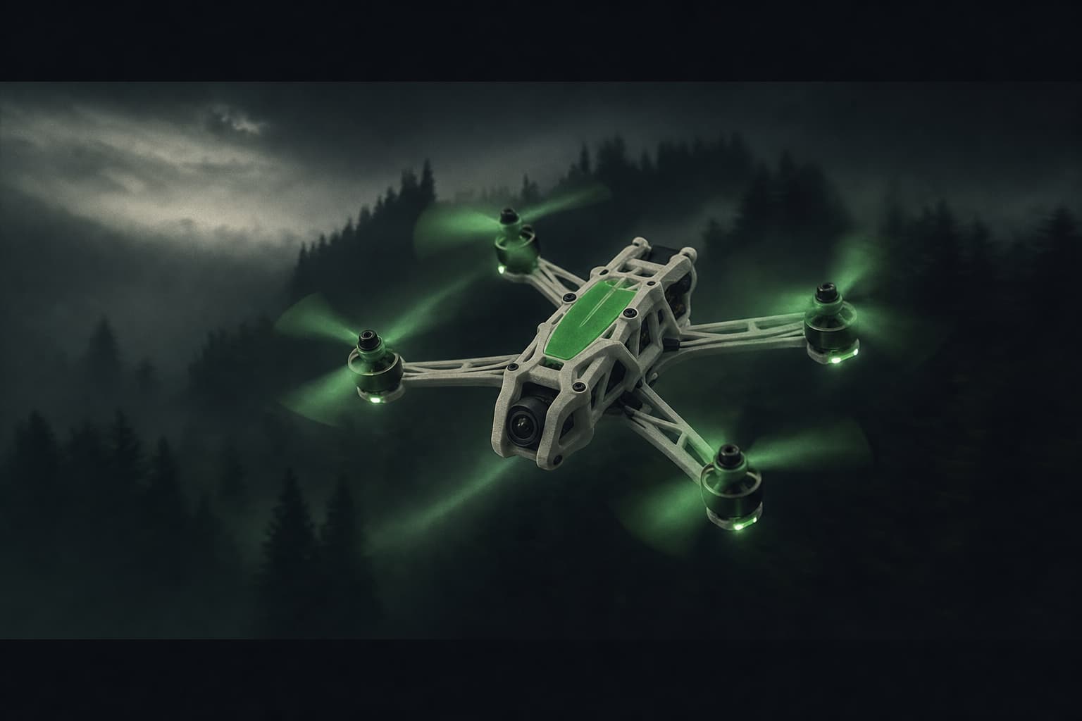 3D-printed FPV quad banking low over terrain at golden hour