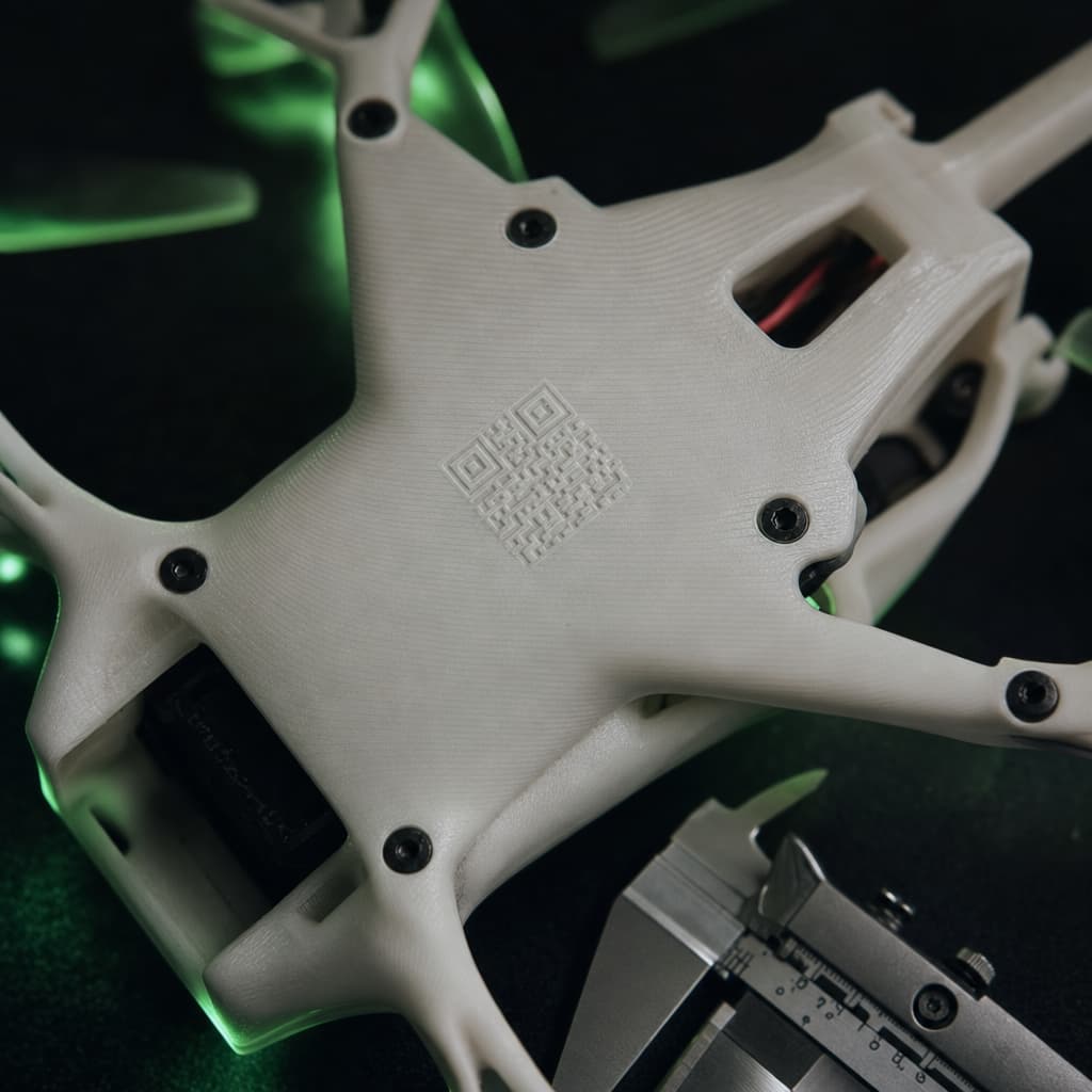 Macro shot of a printed quad arm with an embossed revision QR code