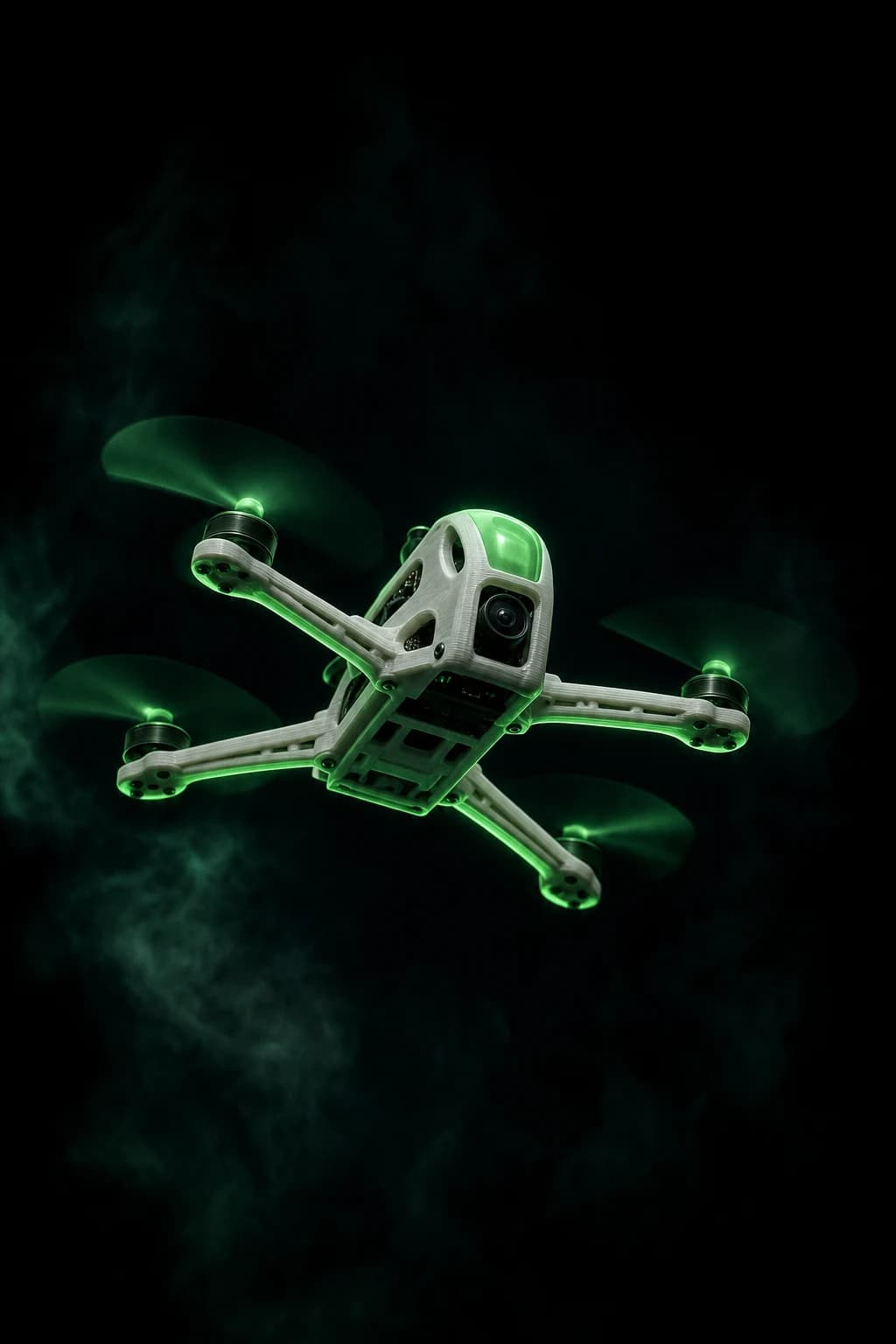 Portrait of a 3D-printed quad held up against the night sky